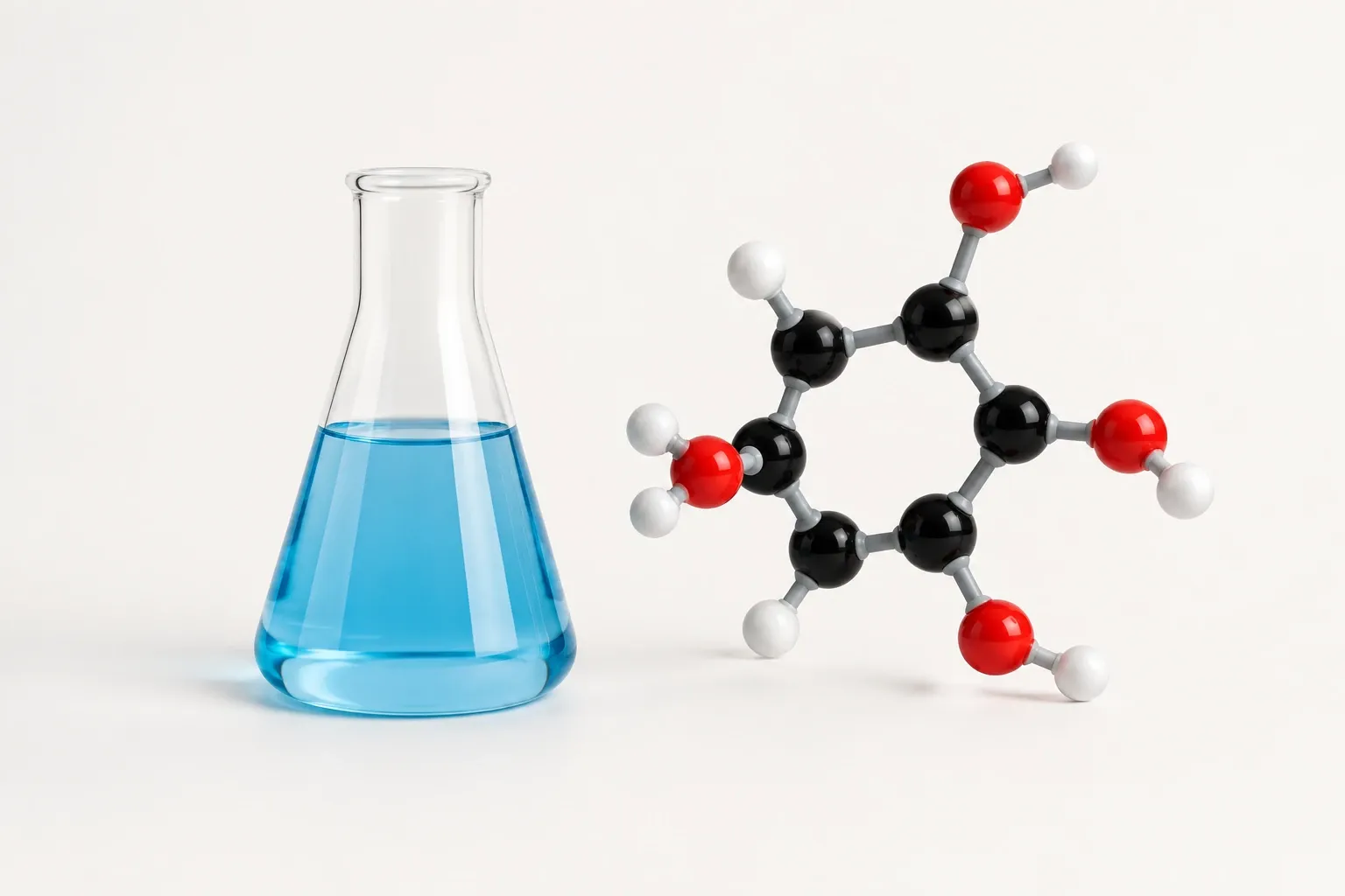 Fiole Erlenmeyer contenant liquide bleu clair à côté d’un modèle moléculaire boules-bâtons rouges noirs blancs