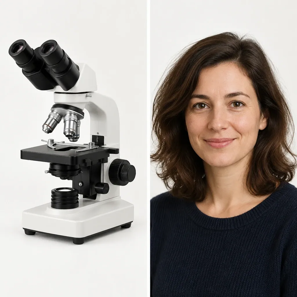 Portrait d’une femme aux cheveux châtains mi-longs, en chemisier clair, devant une étagère de verrerie de laboratoire